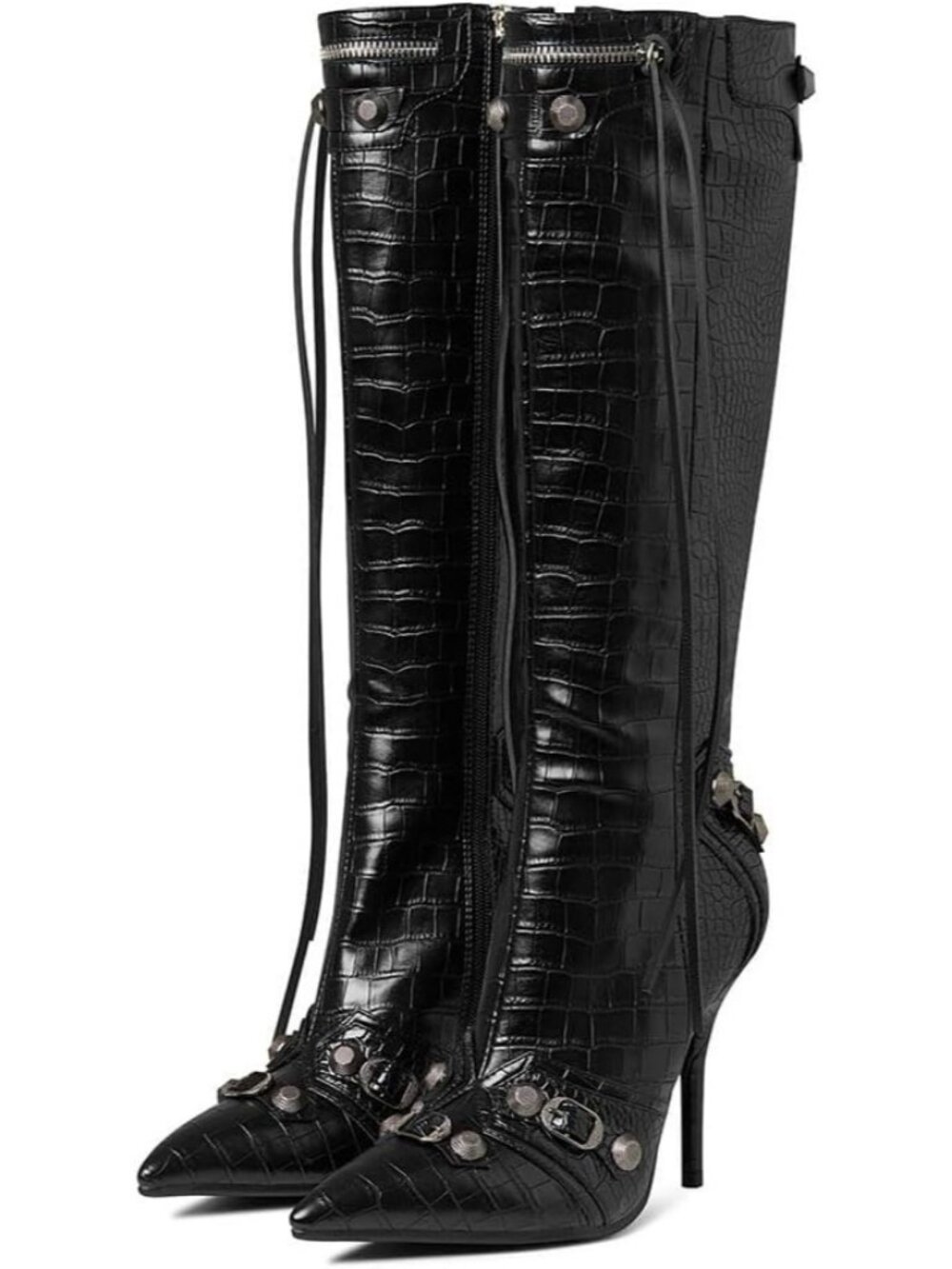 Women's Stone-Pattern-Black Fashion Slide Zipper Pointed Toe Studded Heels Boots